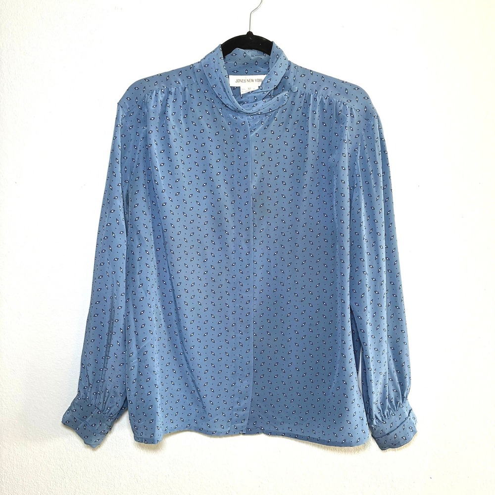 Jones New York 100% Silk Blouse Women 12 Large Blue Mock Neck Office Old Money
